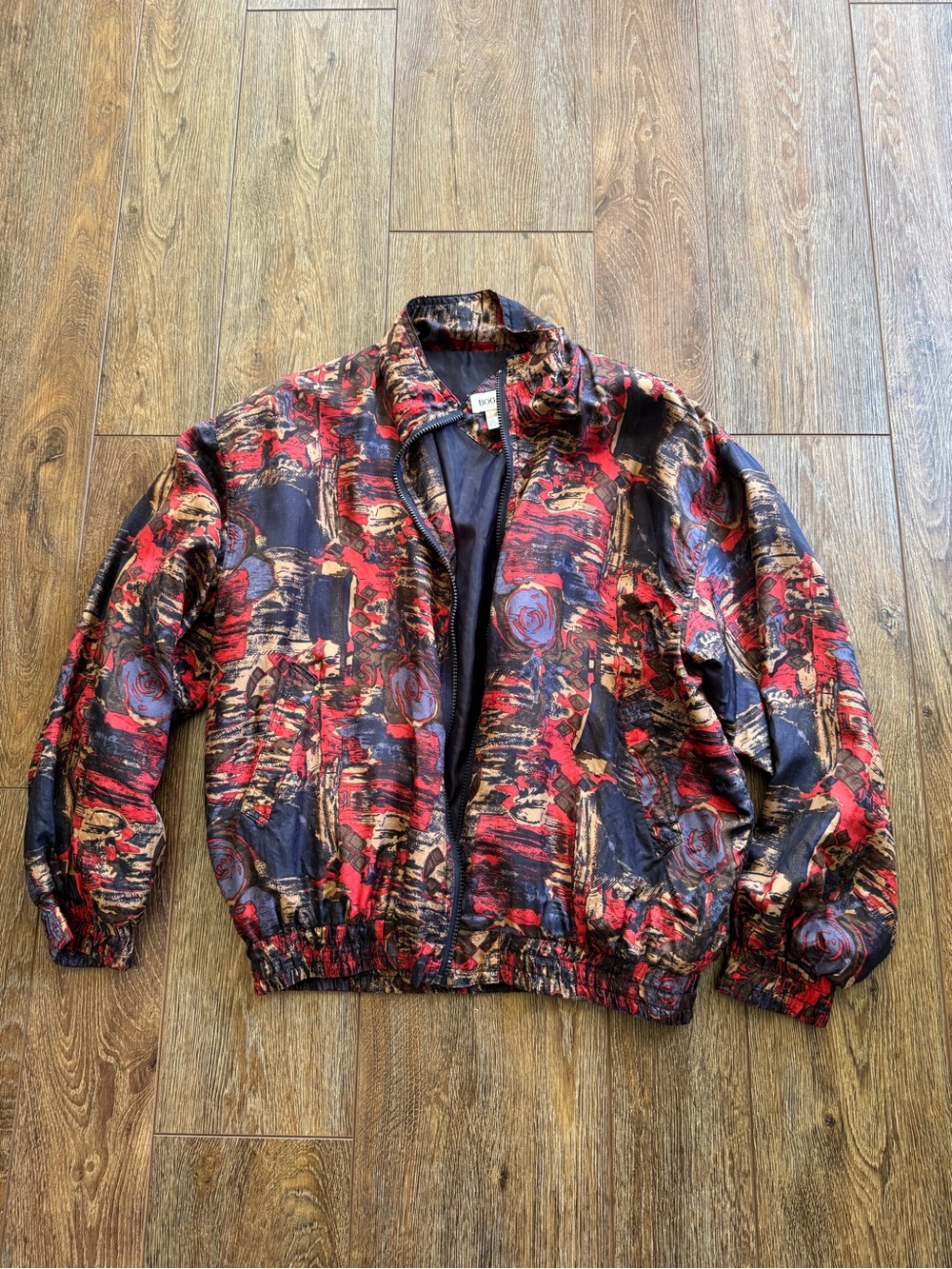 Bogari Vintage Abstract Print Silk Bomber Jacket